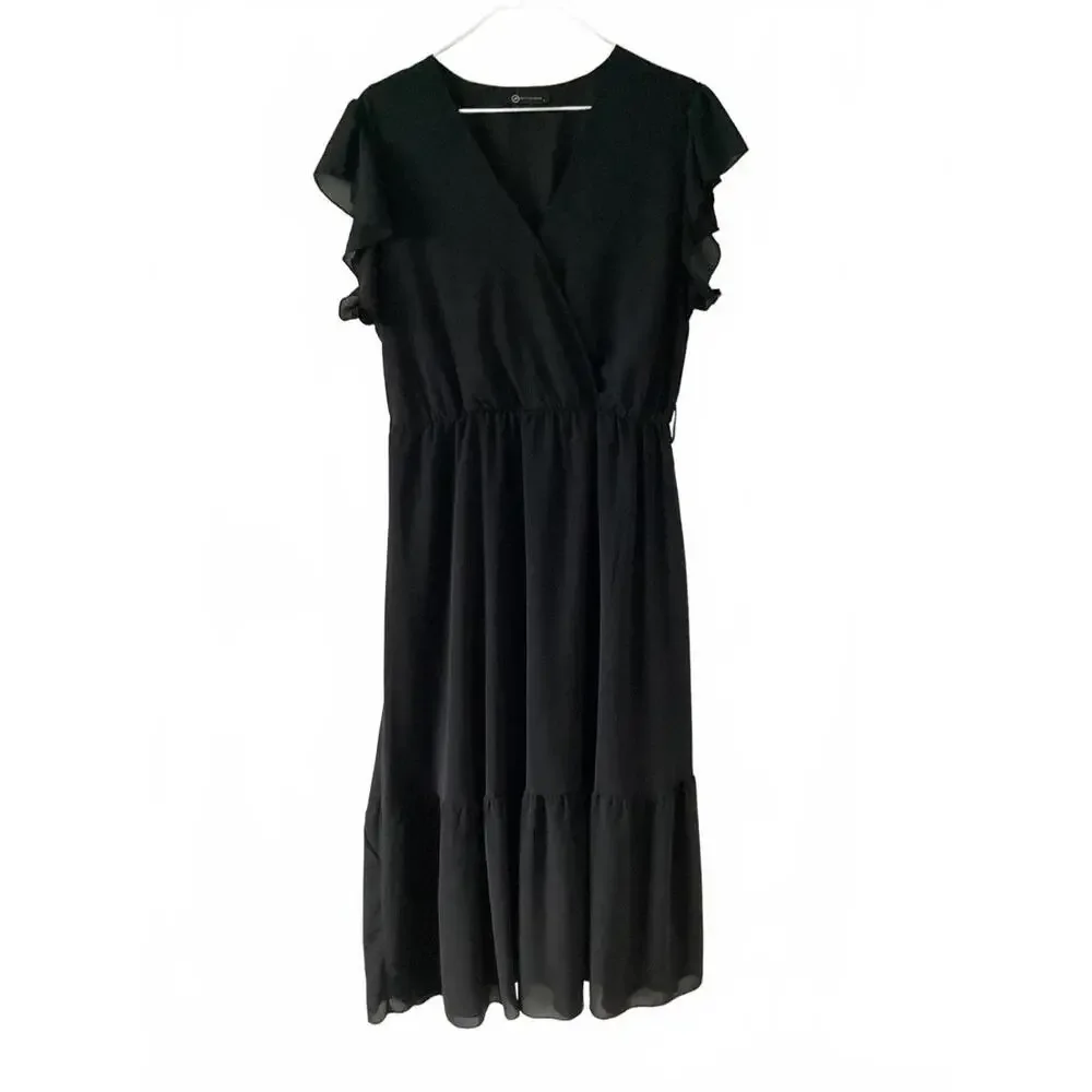 PrettyGarden Black Ruffle Sleeve Midi Dress Women’s Size L Flowing A-Line Casual
